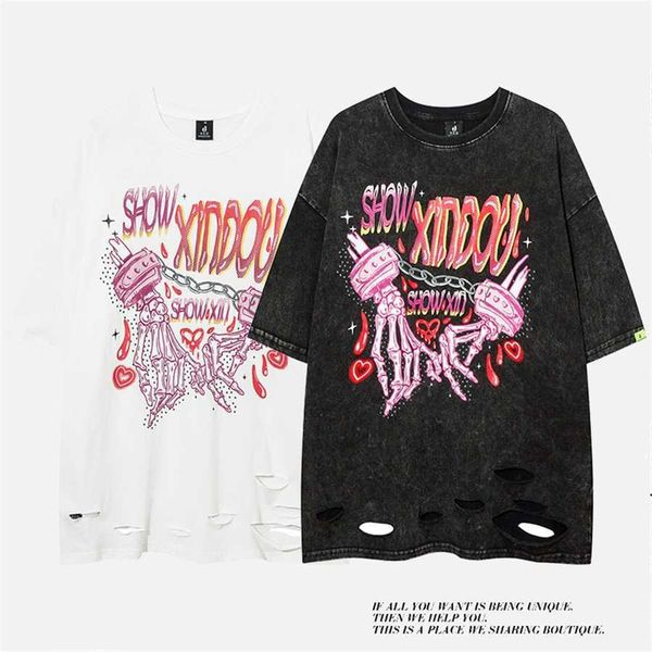 

36% off street washed and perforated loose couple fashion hip hop design short sleeve t-shirt, White;black
