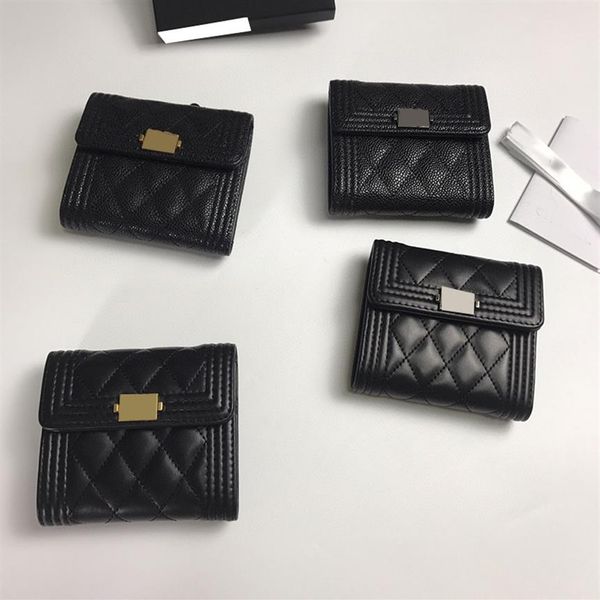 

womens designer sac boy card holder wallet black coin purse caviar leather calfskin lambskin antique gold silver metal hardware tr245e, Brown;gray