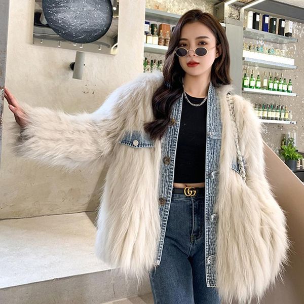 

fur fur coat women's winter fashion denim stitching real fox raccoon dog fur medium and long single breasted braided jacket women, Black