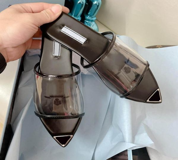 

2022 classic luxury sandals women logo print plexiglass high heel slippers crystal slippers transparent pvc casual home essentials8065888, Black