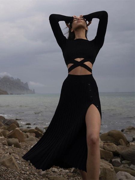 

dress knitted sweater skirts set women two piece sets outfits spring autumn clothes long sleeve crop sweater pleated skirt suits, White