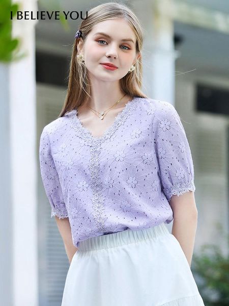 

t-shirt i believe you summer fashion woman blouses 2022 vneck lace hollow out pullover blouse floral short sleeve blouses 2212083713, White