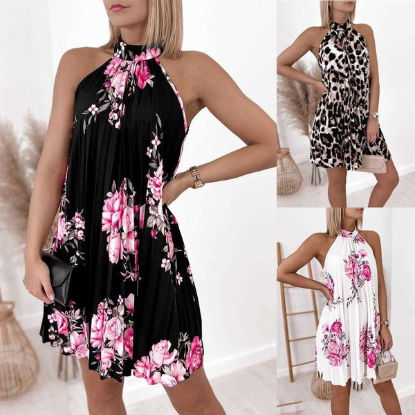 

summer elegant one button sleeveless printed pleated dress, Black;gray