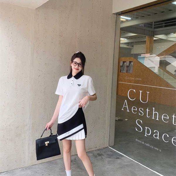 

26% off clothing designer quality family summer new fashion classic triangle contrast polo sleeve t+irregular pleated short skirt, White