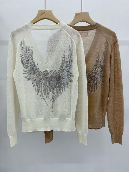 

sweaters women sweater 2022 spring / autumn new vneck back color wings rhinestones design linen thin knitted cardigan, White;black
