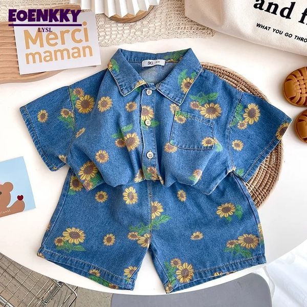 

clothing sets summer kids denim shirts set boys girls short-sleeved shirts and shorts daisy print two-piece children casual loose sets 23042, White