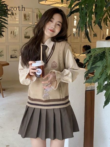 

dress women threepiece suit college sleeveless knitted vest + female preppy long sleeve shirt + pleated skirt campus wear girly set, White