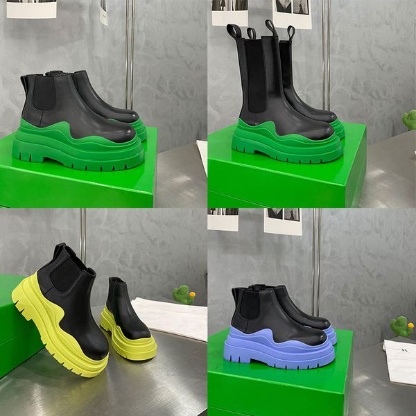 

2023 women men designer boots tire leather half ankle boots fashion wave brown colored rubber clear outsole elastic webbing boot, Black