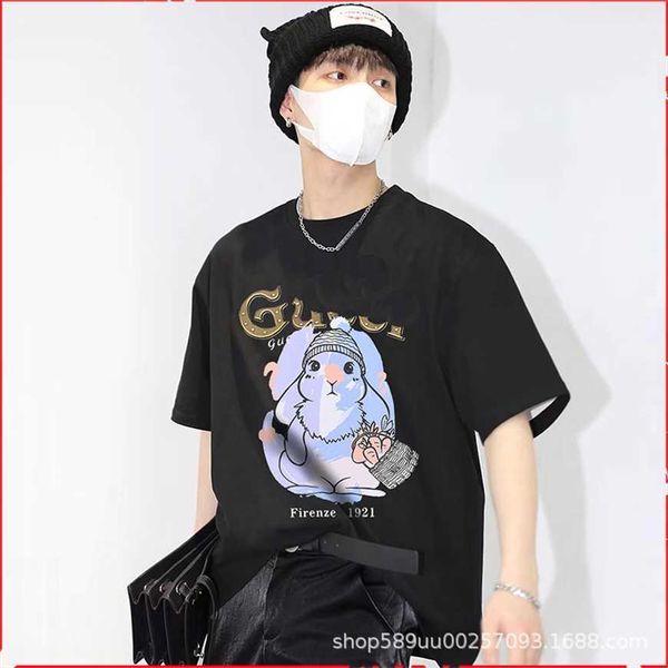 

32% off spring/summer xiaozhongchao short sleeve ins fashion cartoon rabbit round neck casual versatile, White