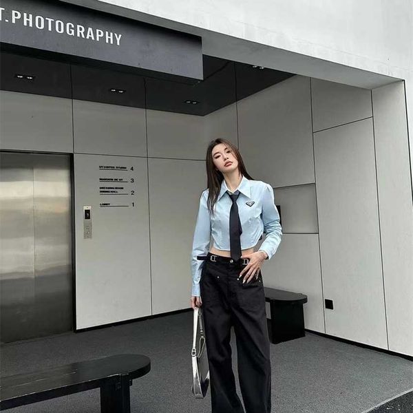 

family early spring new chest inverted triangle sign with long sleeve short fashion casual versatile shirt and tie, White