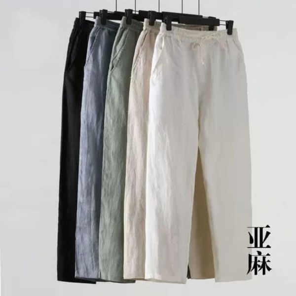 

pants summer linen pants men thin loose mens joggers cotton linen cropped pants men's casual pants chinese style linen pants, Black