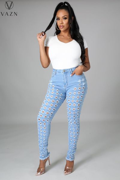 

jeans vazn 2021 summer new casual fashion street slim solid color multicolor torn old stretch button jeans, Blue