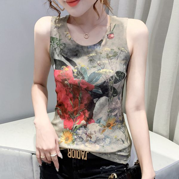 

women's tanks camis 5326 summer vintage tank for floral printed crop o neck sleeveless basic retro slim 230422, White