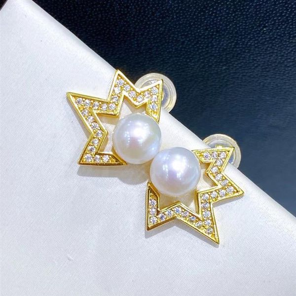 

220907003 diamondbox -jewelry earrings ear studs white pearl sterling 925 silver rhinestone star zirconia aka 6-6 5 mm round penda2280, Golden;silver