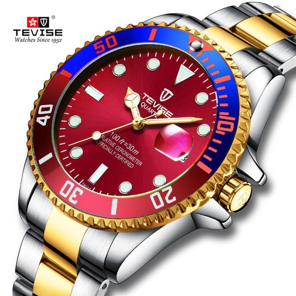 

tevise green water ghost men quartz watch calendar waterproof business watches stainless steel band clock relojo mascuino2907, Slivery;brown
