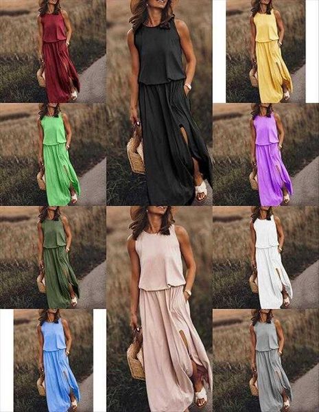 

summer womens round neck sleeveless dress split multi color pure, Black;gray