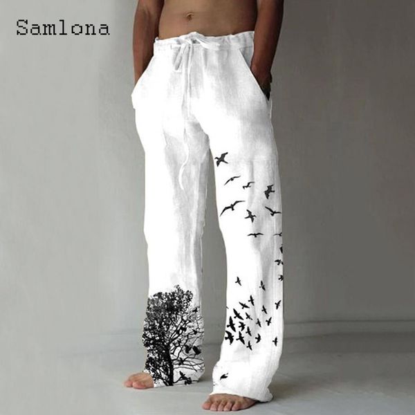 

pants 2022 summer new men's pocket design linen pants casual drawstring trouser plus size 3xl mens fashion tree birds print sweatpants, Black