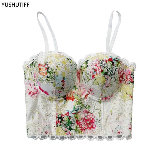 

t-shirt crop 2022 summer embroidery print women push up slim camis bralette bra to wear out female corset clothes, White