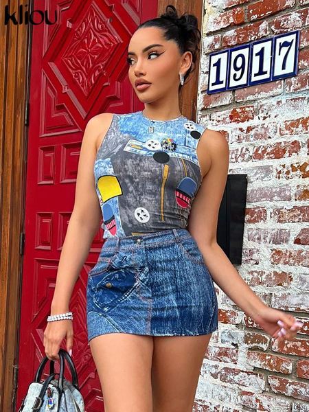 

dress kliou soft imitation denim two piece set women hipster print skinny sleeveless +sheath button pockets skirt streetwear suits, White
