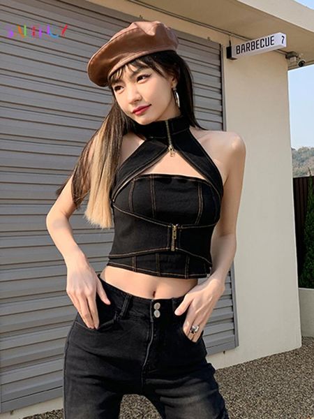 

t-shirt offtheshoulder halter neck hollow out vest women's spring summer zipper cropped denim corset aesthetic y2k, White