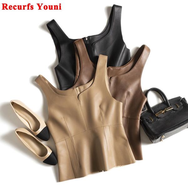 

vests lambskin vest women female vintage sewing line zipper oneck natural leather sling outwear black slimming tank chaleco mujer, Black;white