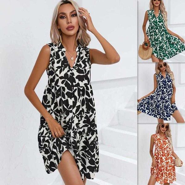 

summer womens short skirt v neck maxi dresses leaf print loose dress, Black;gray