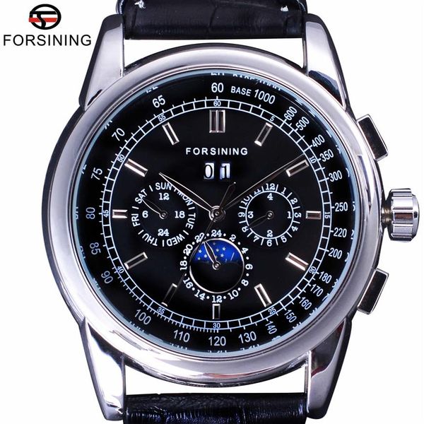 

forsining luxury moon phase design shanghai movement fashion casual wear automatic watch scale dial mens watch brand luxury287g, Slivery;brown
