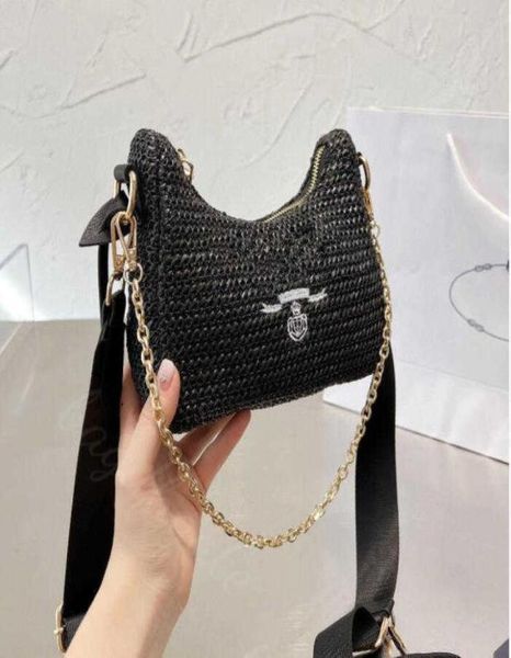 

luxury prads designer bag summer shoulder crossbody ladies chain composite handbag straw material purse6183193