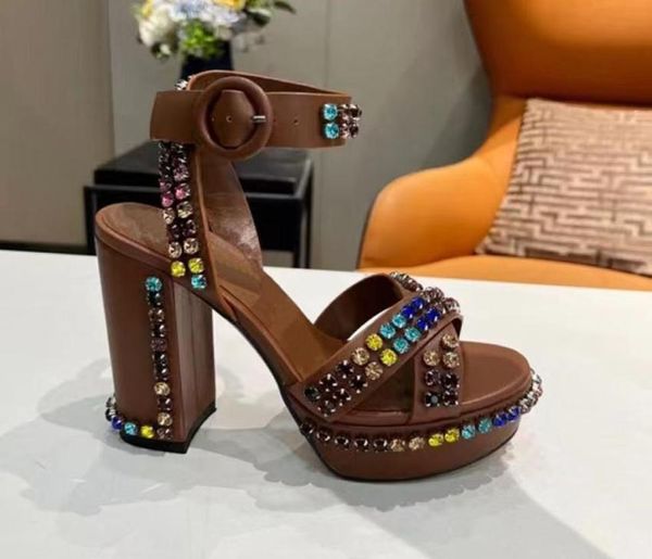 

diamond sandals height 12cm fashion leather cross color bandage round buckle thick heels summer luxury display party wedding 5994988, Black