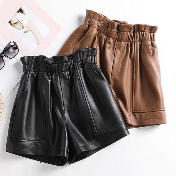 

shorts genuine leather shorts women high waist 2021 autumn elastic waist wide leg shorts female high quality, White;black