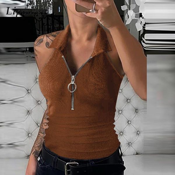 

tanks 2022 fashion women tank summer zipper large vneck sleeveless shirt vest lady classic solid color casual slim lapel top, Black;white