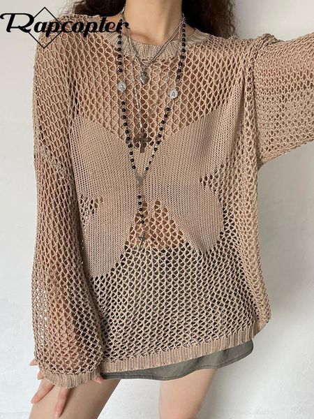 

t-shirt rapcopter y2k butterfly smock knitted khaki full sleeve loose t shirt o neck retro cute holes pullovers jumpers women korean, White