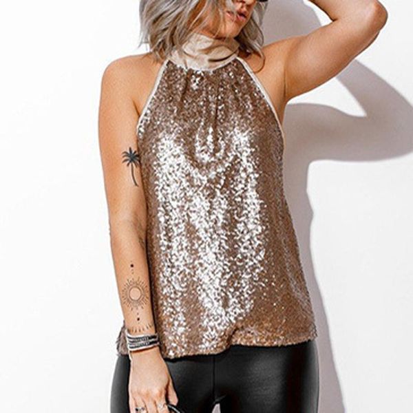 

tanks women fashion party shiny halter neck tank vest ladies t shirt women casual solid sequins shirt women summer, Black;white