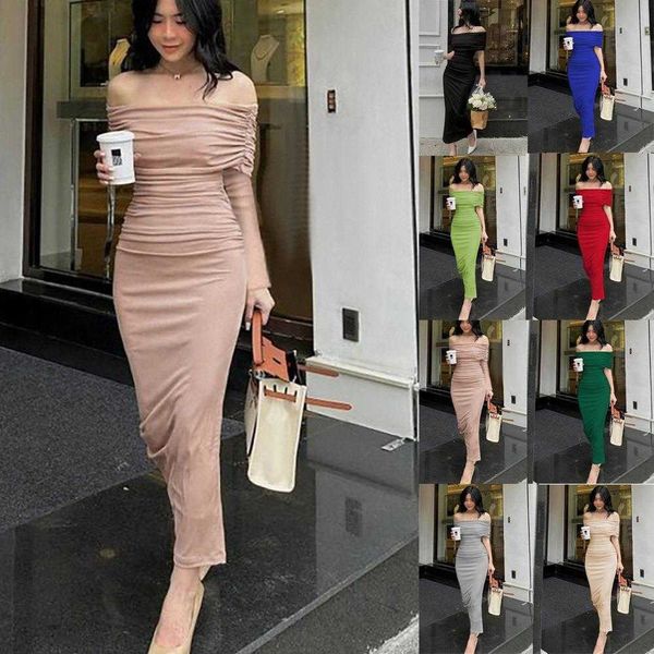 

summer dress womens off shoulder pleated slit skirt maxi dresses midi, Black;gray