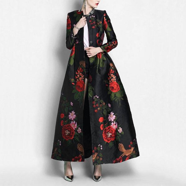 

raincoats good quality brocade women long trench coat jacket gorgeous maxi autumn winter overcoat floral fashion outfit party clothes, Black