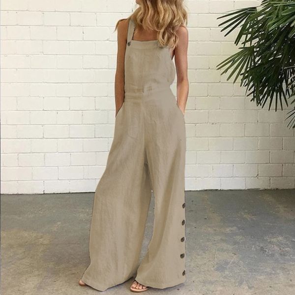 

women's jumpsuits rompers women jumpsuit wide leg pants pockets loose pure color side buttons summer sleeveless linen long trousers 230, Black;white