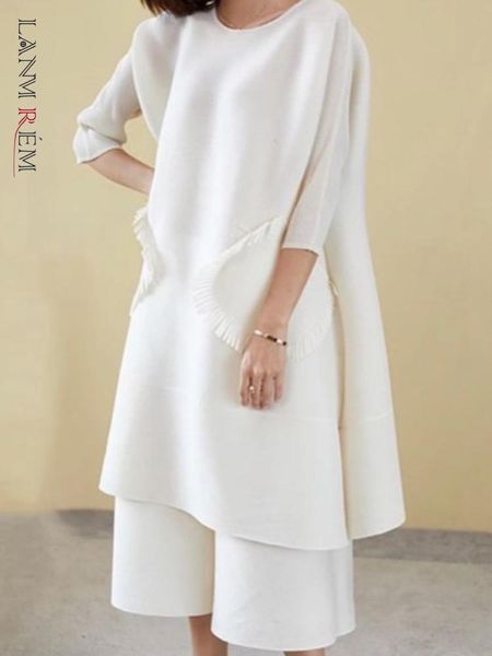 

pants lanmrem pleated leisure loose set women's 2022 autumn summer tassel pockets long shirts wide leg pants twopiece sets 2r1104, White