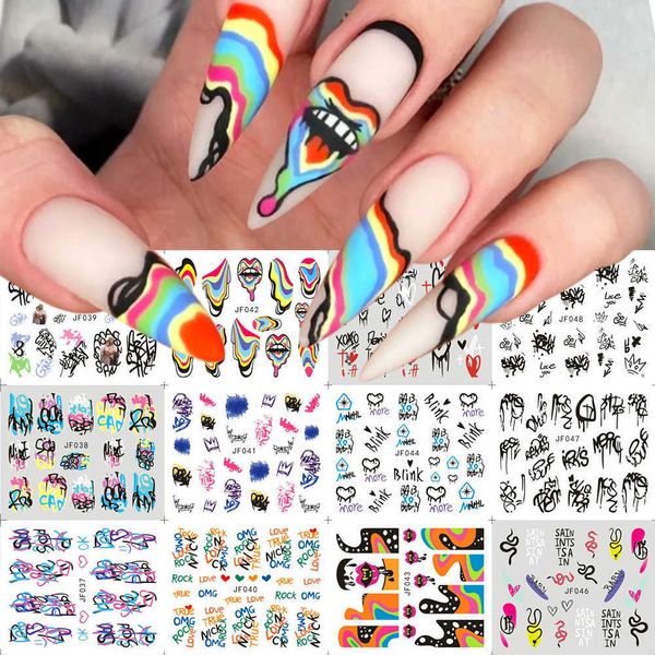 

stickers decals neon graffiti nail stickers lettering water nail decals trippy rainbow lips sliders french manicure tips watermarks gljf3748, Black