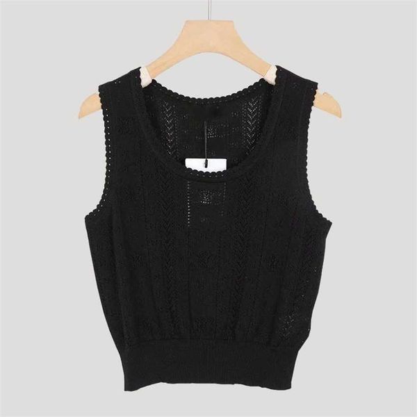 

family summer hollow out design temperament versatile round neck sleeveless wool silk tank women's spring, White
