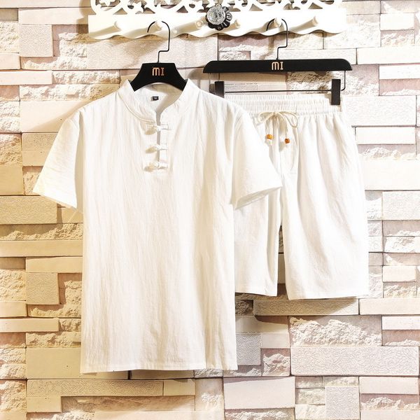 

men s tracksuits arrival cotton and linen short sleeve t shirt shorts 2pc set solid shirt shorts home suits male  5xl 7006 230421, Gray