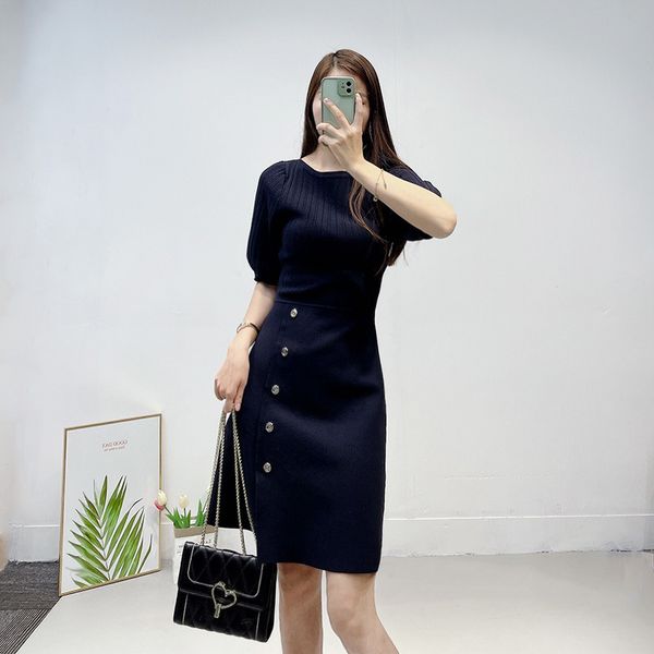 

work dresses sandro woman's round neck metal single breasted knit slim dress, White;black