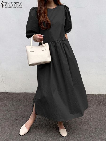 

dresses zanzea women sundress casual solid o neck maxi long dresses puff sleeve loose 2023 summer vestidos oversized female robes longue, Black;gray