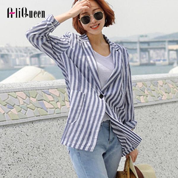 

pants 2020 autumn women stripped notched coat jacket ladies casual blazers one button vintage cotton and linen pockets, White