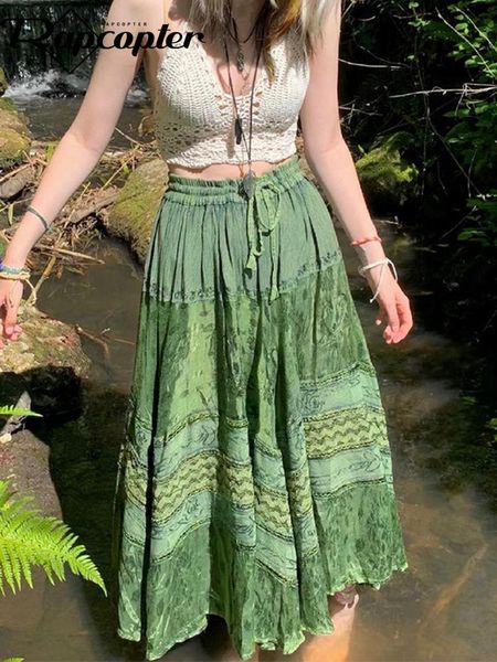 

capris rapcopter y2k printed green long skirts retro kawaii lace up pleated skirts grunge fairycore boho beach holiday skirt women chic, Black;white