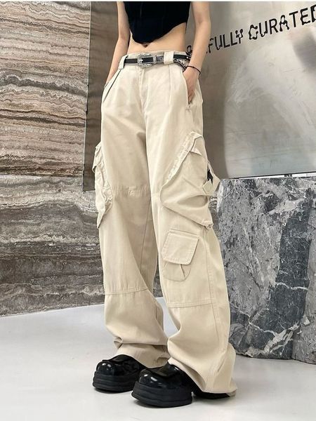 

women's pants capris qweek y2k khaki cargo parachute pants women harajuku korean fashion oversized gray wide leg trousers female 90s re, Black;white