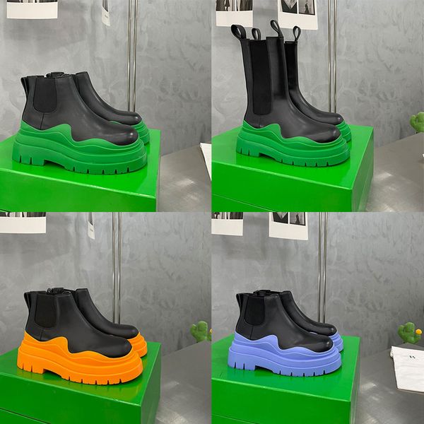 

2023 women men designer boots tire leather half ankle boots fashion wave red colored rubber clear outsole elastic webbing boot, Black