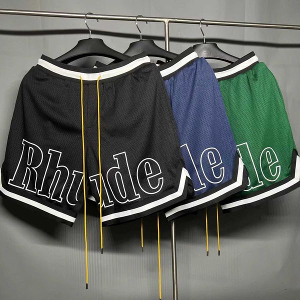 

designer clothing rhude mesh basketball breathable printed ribbon patchwork sports drawstring high street loose shorts couples joggers sport, White;black