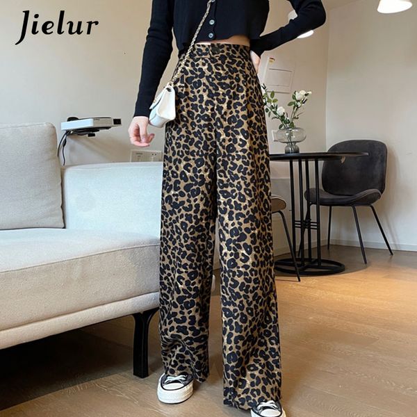 

women s pants s jielur fashion leopard high waist vintage casual female young streetwear hip hop wide leg trousers 230422, Black;white
