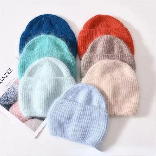 

beanieskull caps autumn and winter fluffy spring peas angora rabbit fur knitted hat female shiny warm thickened couple woolen soft cap 23042, Blue;gray