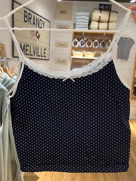 

t-shirt sweet women y2k lace polka dot tank 2022 summer fashion ladies slim cropped tanks cute girls dark navy short cotton, White